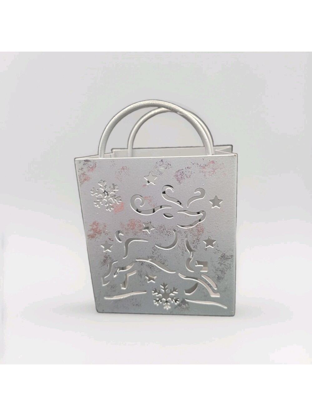 Metal Reindeer & Snowflake Cutout Tea Light Lantern Holder w/ Handle, Silver